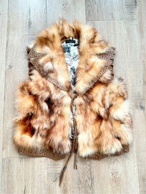 RARE Vintage Redfish Designs Genuine Fox Fur Vest Coat Leather Trim Braided Tie